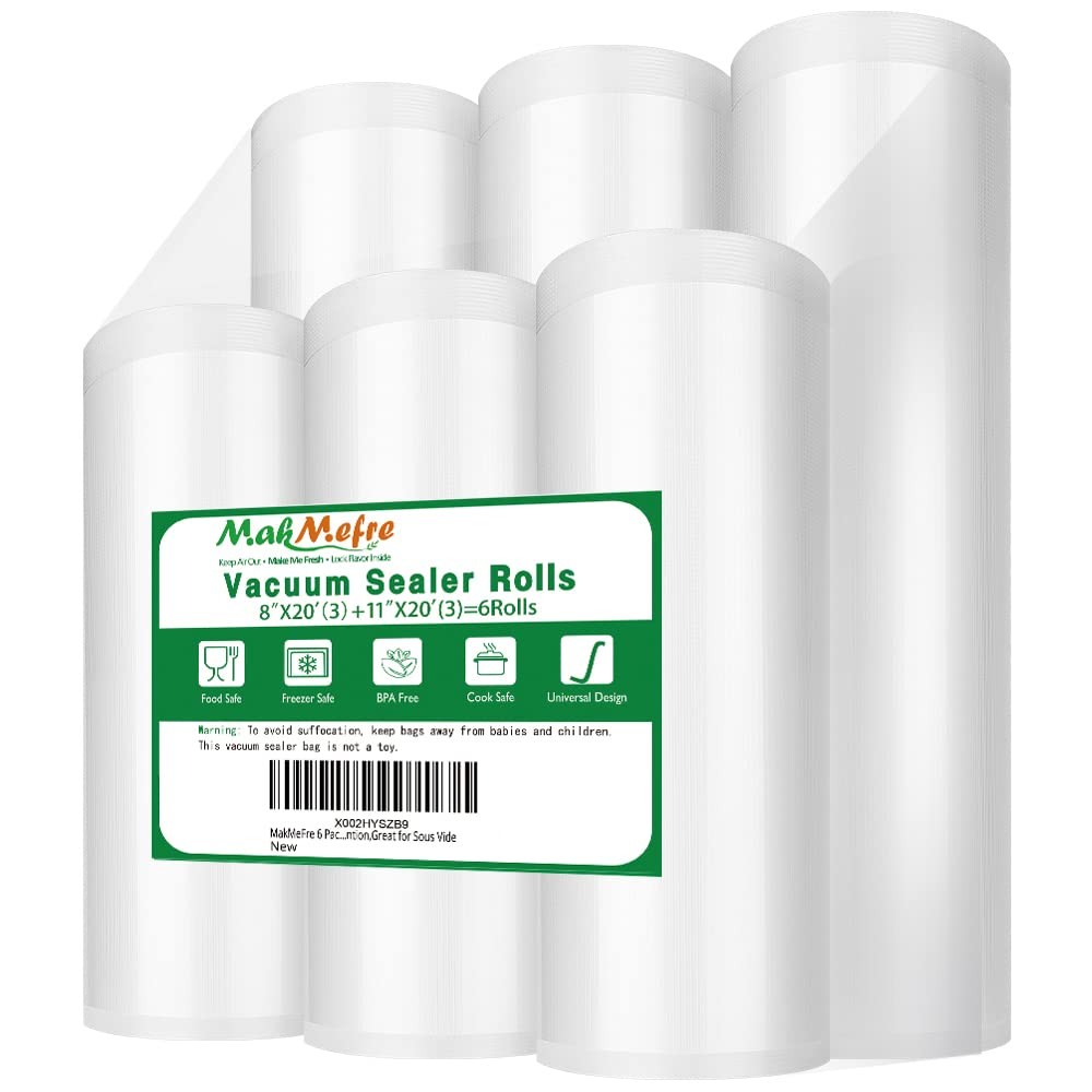 6 Pack Vacuum Sealer Bags Rolls - 8x20 & 11x20 Inches (3 Rolls Each) for Food Storage