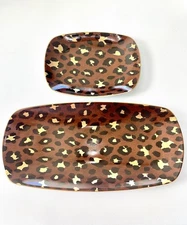 L’Objet Set/2 Leopard Gold Porcelain Serving Platters 11.75 X 5.5” & 7 X 5” NIB
