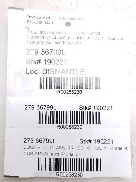 98-05 LEXUS GS300 LADO CONDUCTOR PUERTA TRASERA VENTILACIÓN CRISTAL Foto 3 de 4