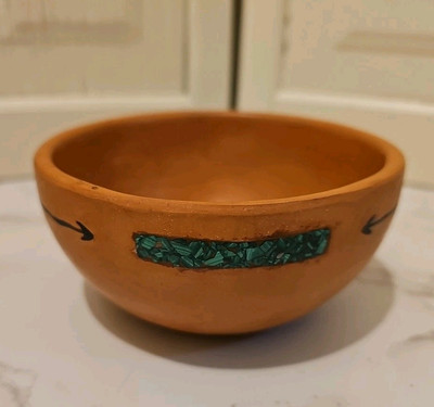 #ad Jim Fuller Native American Malachite Inlay Terracotta Bowl Sign Arrow Red Clay $18.99