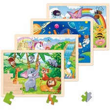 Wooden Jigsaw Puzzles for Kids Ages 4-6, 4-Pack 24-Piece Animal 24-piece