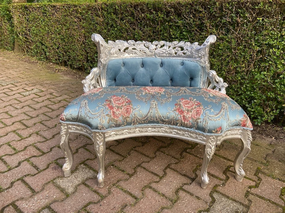 Sofá Sofá Sofá Luis XVI Francés Azul Terciopelo Damasco Marco Plateado Vintage Chic Foto 4 de 4