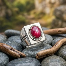 Vintage Red Star Sapphire Ring, 925 Sterling Silver Handmade Heavy Signet Ring