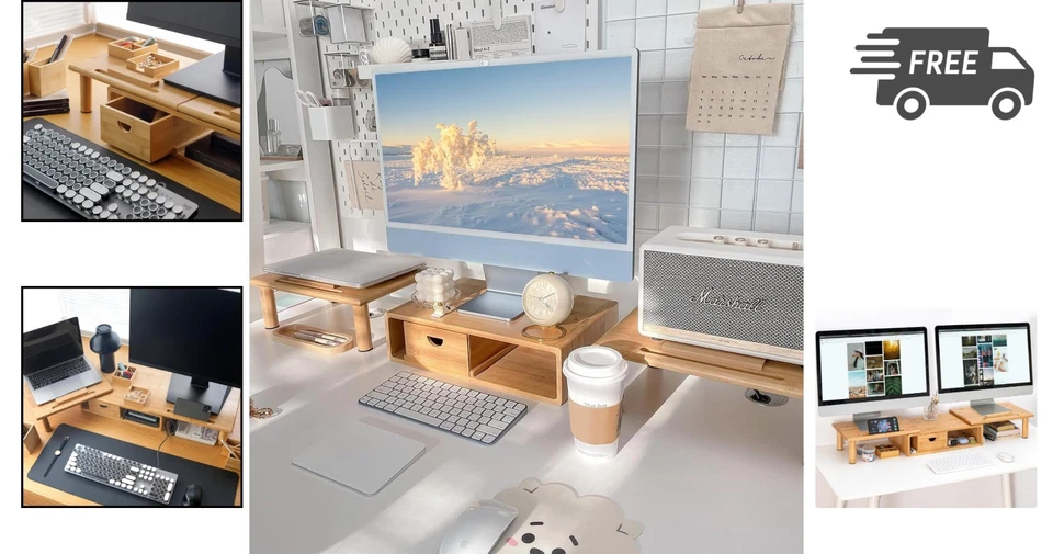 Dual Monitor Stand Riser with Drawer for Desk Adjustable Bamboo Computer Shelf - Image 2 of 4