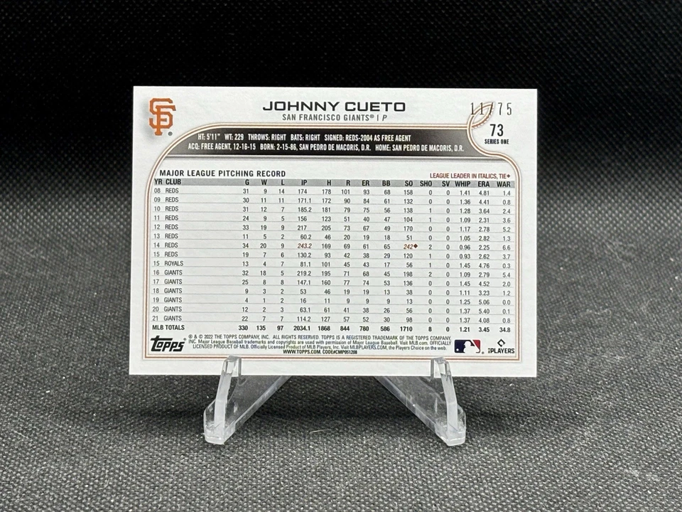 2022 Topps 1st Edition Series 1 Johnny Cueto San Francisco Giants Orange 11/75 - Image 2 of 3