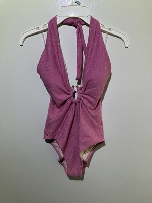 PQ Swim Pink Sparkle Plunge One Piece Swimsuit NWT Medium Luxury