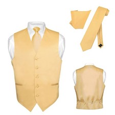 Men's Dress Vest NeckTie Hanky Solid GOLD Color Neck Tie Set for Suit or Tuxedo