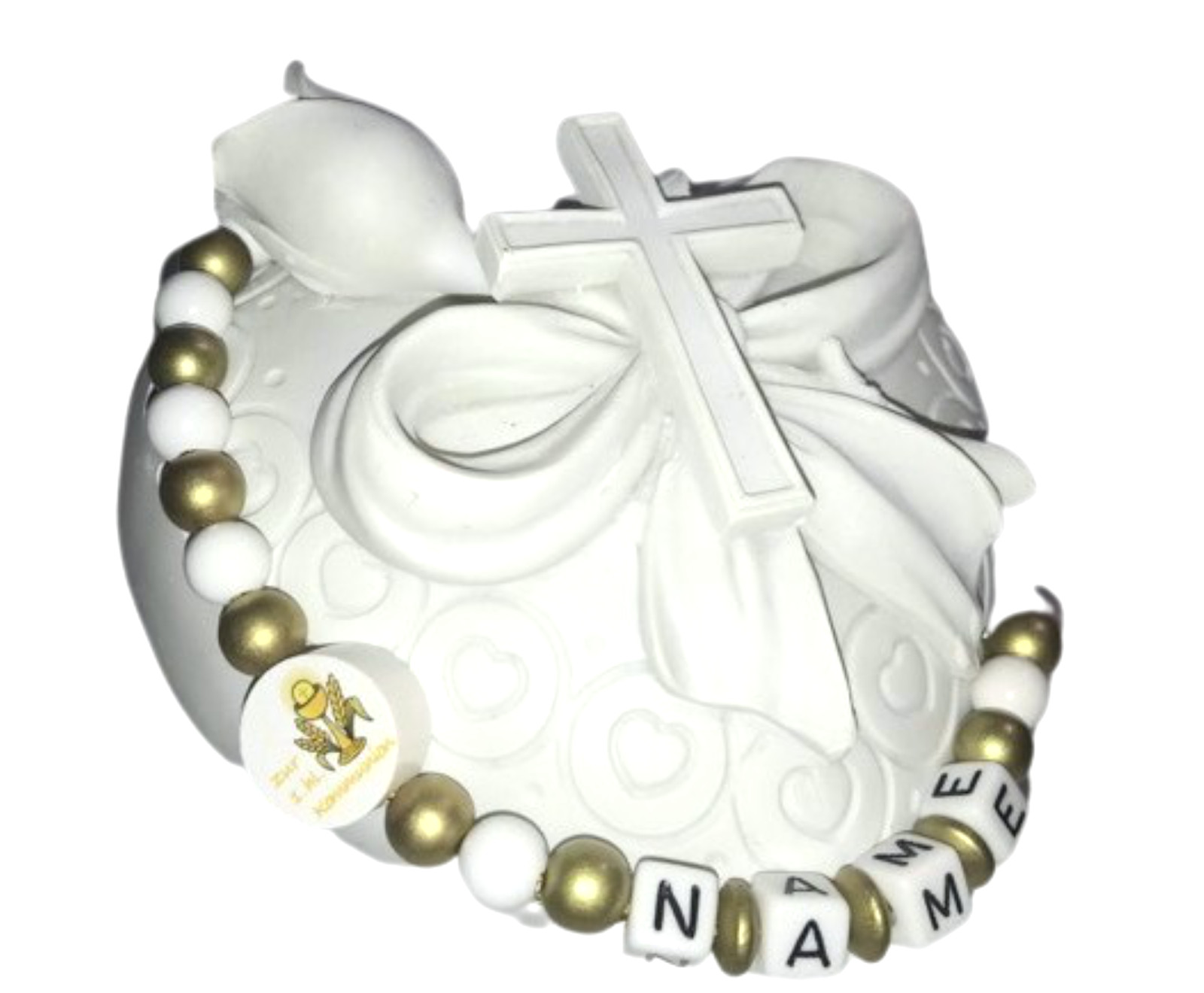 Spardose Herz mit Rose und Kreuz zur 1. heiligen Kommunion personalisiert