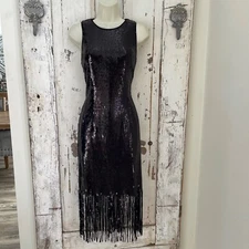 Tahari Size 6 Woman's Black Sequin Flapper Fringe Formal Evening Cocktail Dress