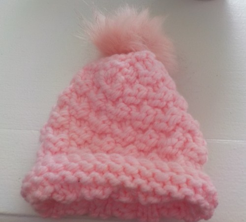 Hand Knitted Hat Pink Fur Pompom+ Matching Mittens with Ties - Picture 4 of 4