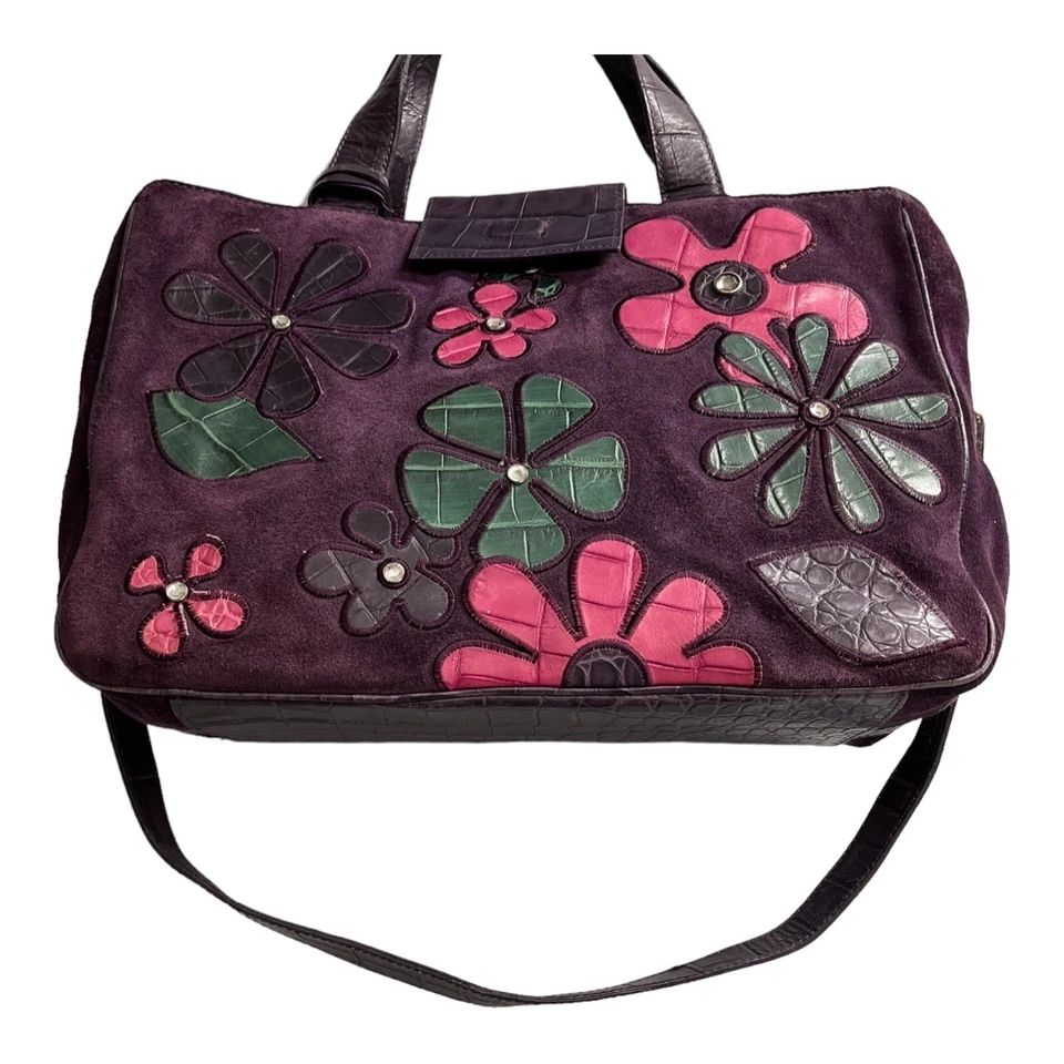 Bolso Bandolera Donald Pliner Puple Gamuza Cartera Apliques Florales Relleno Correa Foto 3 de 4