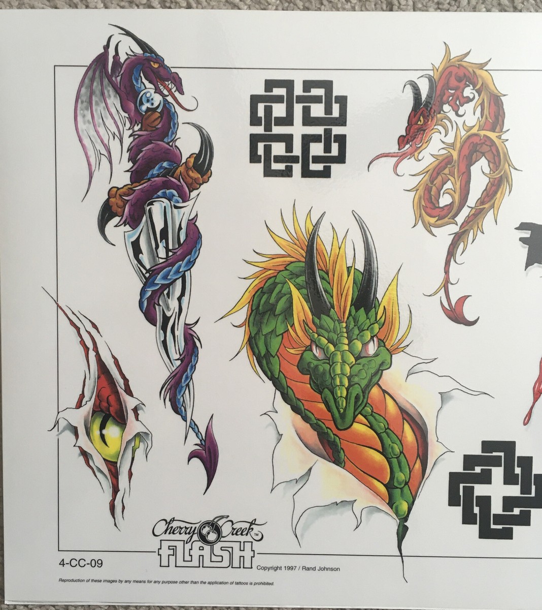 Tattoo Studio Shop Flash Single w/ Line Work Dragons, 