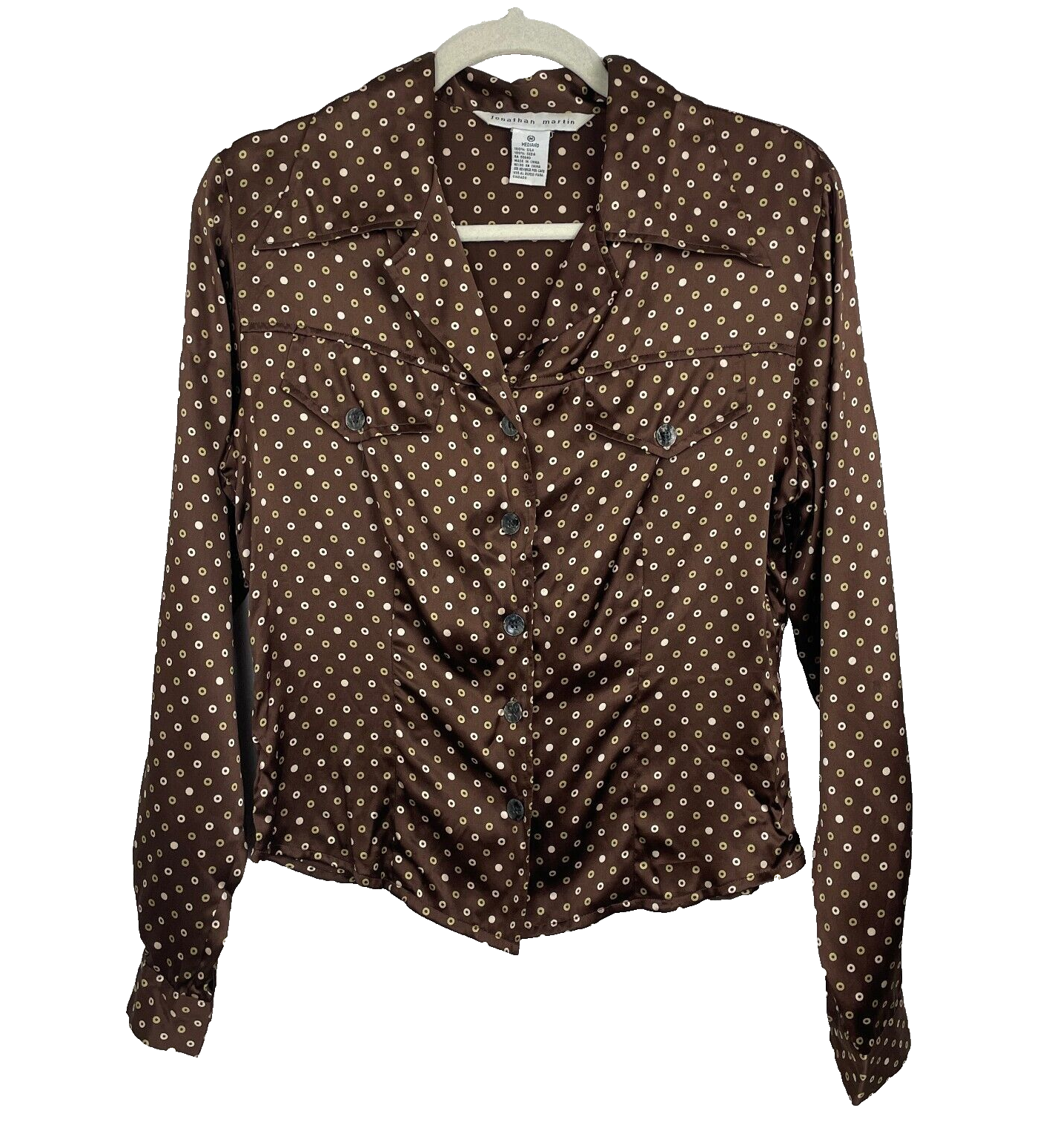 Jonathan Martin Womens Y2K Silk Blouse Size M Brown Green Circles Button Up EUC