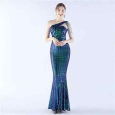 Vestito Abito Elegante Lungo Blu Sirena Evento Strass Scollato Sera 02074