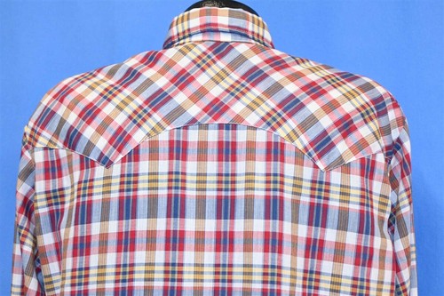 vintage 80s LEVIS RED YELLOW BLUE PLAID WESTERN YOKE PEARL SNAP COWBOY SHIRT XL - Picture 3 of 7