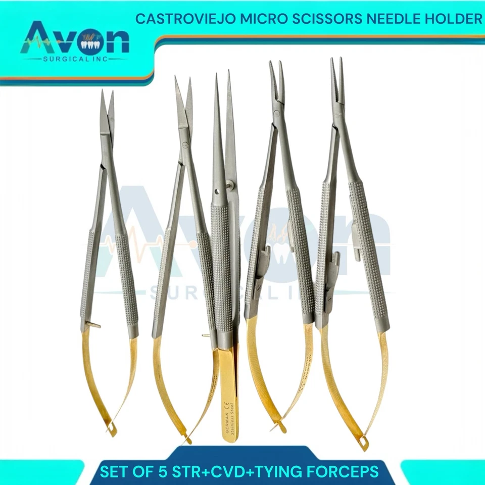 5 Micro Tijeras ALEMÁN Castroviejo Soporte de Aguja STR+ CVD Pinzas Dentales OJO Foto 2 de 4