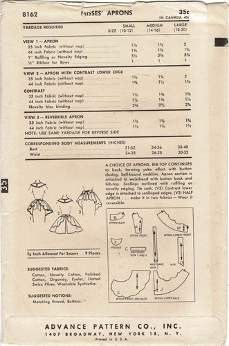 APRON Bib or Half Waist SCALLOPED Hem Advance 8162 RARE Vtg 1956 Sewing Pattern - Picture 13 of 17