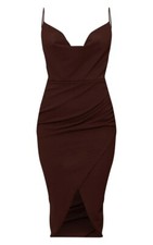 Prettylittlething Chocolate Strappy Cowl Neck Draped Midi Dress (size 4)