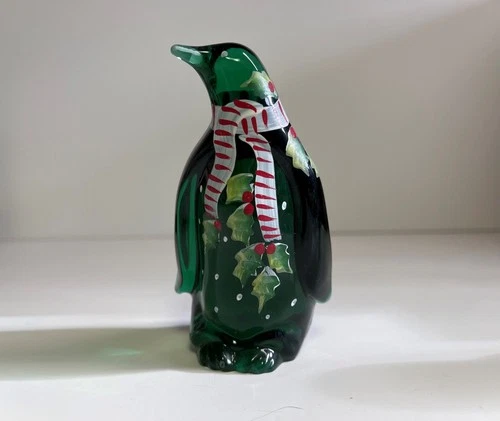 Fenton Art Glass ~ Green Holiday Penguin Figurine ~ Hand Painted by Kitty Riley