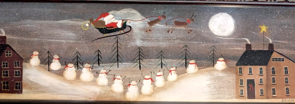 Fiddletix 圣诞民间艺术框架印花圣诞老人驯鹿村 6.5 x 21.5 英寸 — 第 2/4 张图片