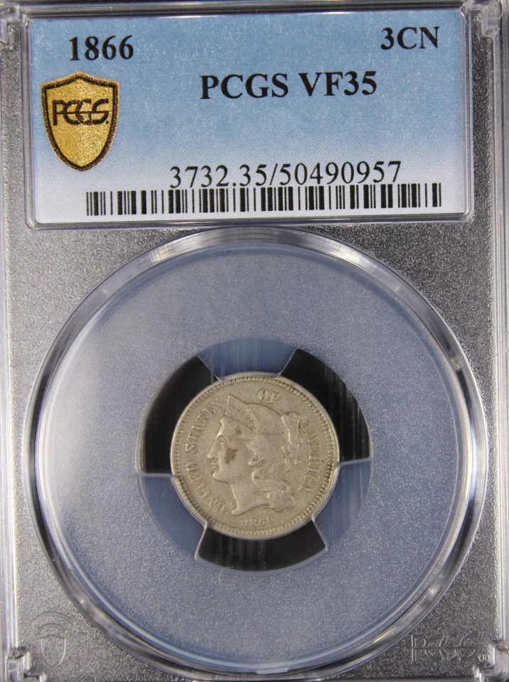 1866 VF35 3 Cent Nickle, PCGS 50490957 - Image 3 of 4