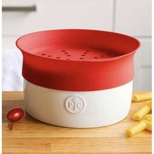 Pampered Chef Microwave Pasta Cooker Red Silicone Lid White Ceramic Bowl