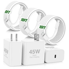 45W Super Fast Charger for iPhone 16 15 Pro Max,3Pack USB C 10FT+10FT+6FT White