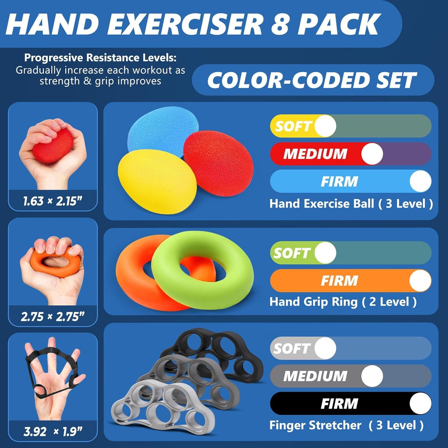 Roygra Grip Strength Trainer (8 Pack), Forearm Strengthener, Stress Balls for Ad
