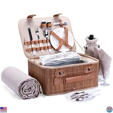 Picnic Basket Set for 2 with Waterproof Blanket Insulated Wine Pouch Hamper with