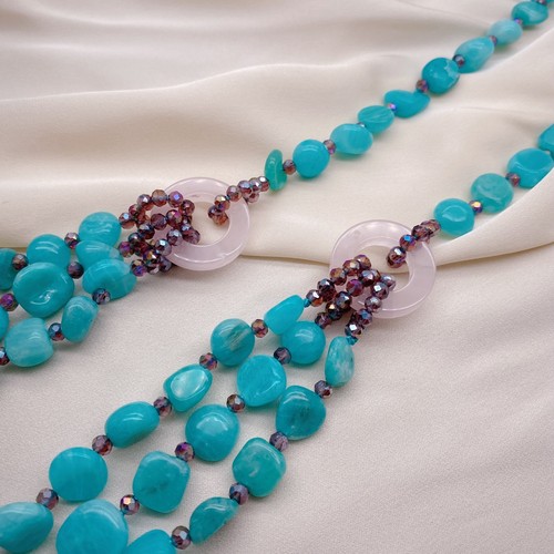 Collar largo de cuarzo rosa de 3 hebras de amazonita verde joyería para mujer - Imagen 5 de 5