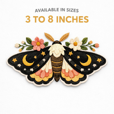 Moth Moon Embroidered Iron-On Patch 3-8in Celestial Floral Boho