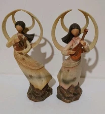 Lot of 2 Roman Inc Angel Figurines Holding Harp And Mandolin Resin 9 inches tall