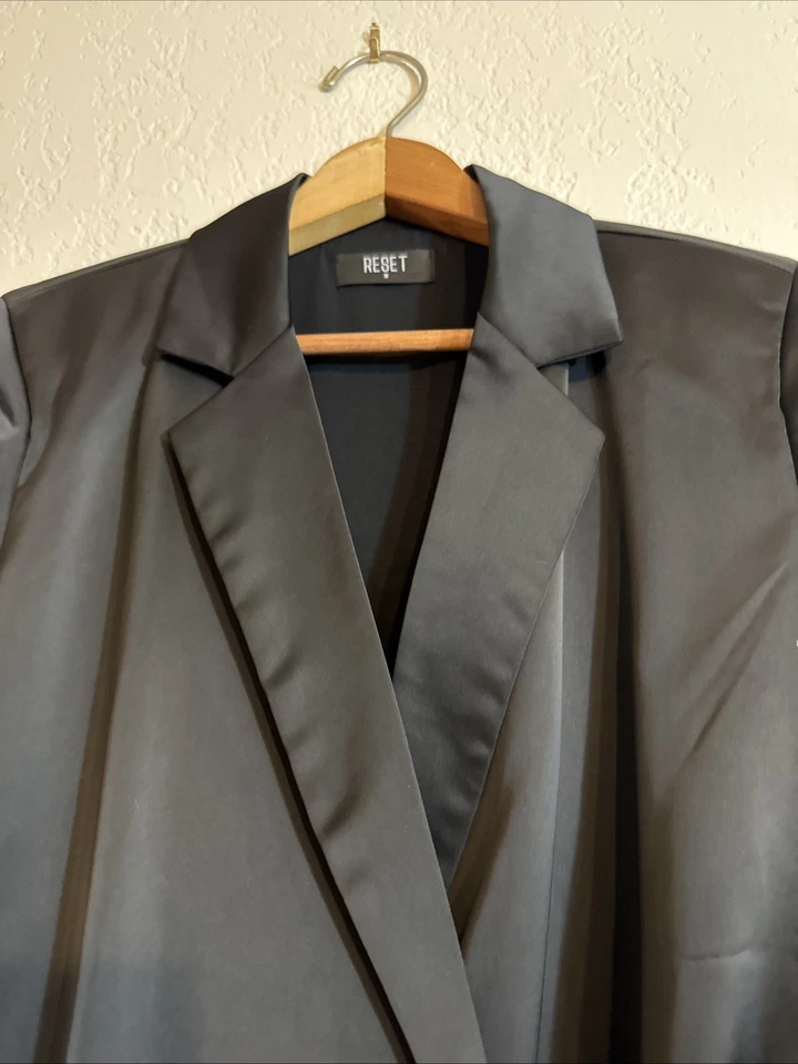 NWOT - RESET by Jane, Olly Dress Black Satin Wrap Tuxedo Dress/Jacket - Image 4 of 4