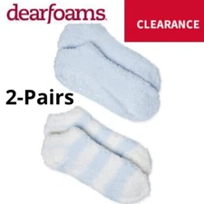 Dearfoams 2 Pair Non-Skid SIZE 4-10 Cozy Comfort Low Cut Fuzzy Socks BLUE/ WHITE