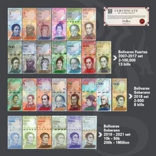 Venezuela Full Set 2 - 100 Mil Bolivares, 2-500 Soberanos + 6 NEW -27 PCS