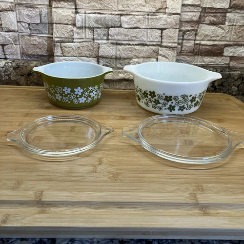 Vintage Pyrex Spring Blossom Casserole Set 473-1 474-B Crazy Daisy Clear Lids
