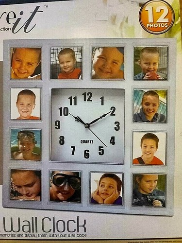 Treasure It Quartz Silver Wall Clock 12 Photo Frame Holder-Sara Ward Collection - Picture 2 of 3