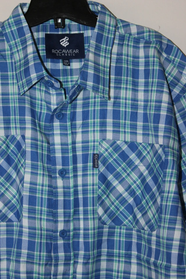 Nuevo WiTag Rocawear Camisa de Vestir a Cuadros Botón Manga Corta Azul Hombre 3XB $50 Foto 3 de 4