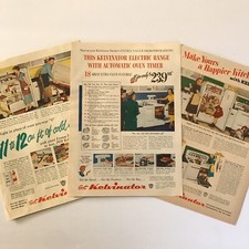 Lote de anuncios impresos en color 1950 vintage (3) electrodomésticos Kelvinator gama ref/rango 8”x11” GHM