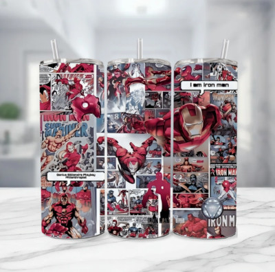 Iron Man Marvel Tumbler Stainless Steel -Metal Straw - 20 Oz Comic Book Pages
