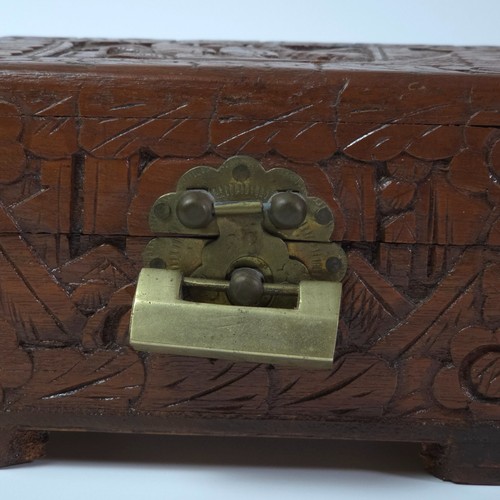 Vintage Asian Handmade Carved Wood Jewelry Box Brass Hardware, Lock & Key, 6x4” - Picture 12 of 17