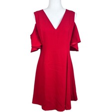 Club Monaco Pernille Dress Size 10 Red Cold Shoulder V Neck Ruffle Sleeve (B588)
