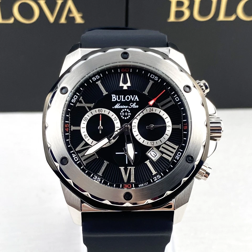 Bulova Marine Star 44mm Black Dial Silver Case Black Strap Men's Watch 98B127 - Image 2 of 4