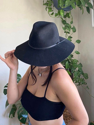 Phenix Dark Gray Wide Brim Felt 100% Wool Hat Leather Trim Women's One Size