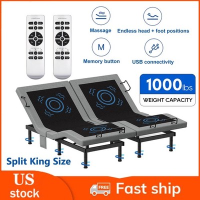 Upgraded Adjustable Bed Frame Bed Base Electric Stress Massage Remote Split King