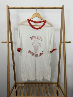 VTG 80s Nebraska Basketball Camp Super Paper Thin Burnout Ringer Worn T-Shirt XL