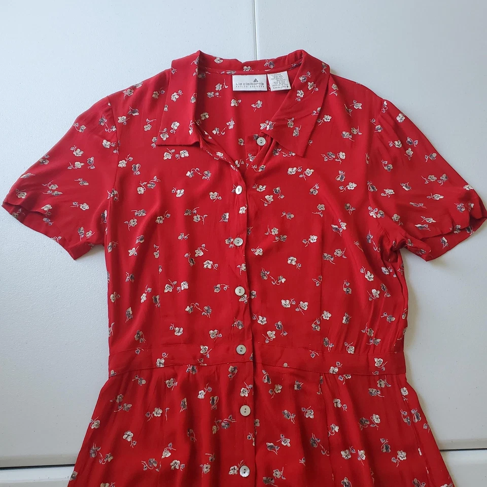 Vtg 90s Liz Claiborne Dress Women 10P Red Floral Button Front Collar Cottagecore - Image 2 of 4
