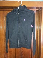 Ralph Lauren Sport Women  s Black Full Zip Hoodie Purple Pony Logo Size Medium