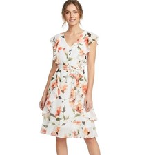 Tommy Hilfiger White Floral Print Ruffle Tiered Midi Dress Women Size 12