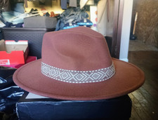 Mens Brown Straw Fedora Hat Wide Brim Gray Ge...